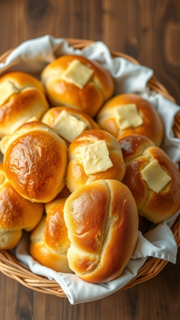 A basket of golden brown fluffy yeast rolls brushed with butter, on a rustic wooden table.
